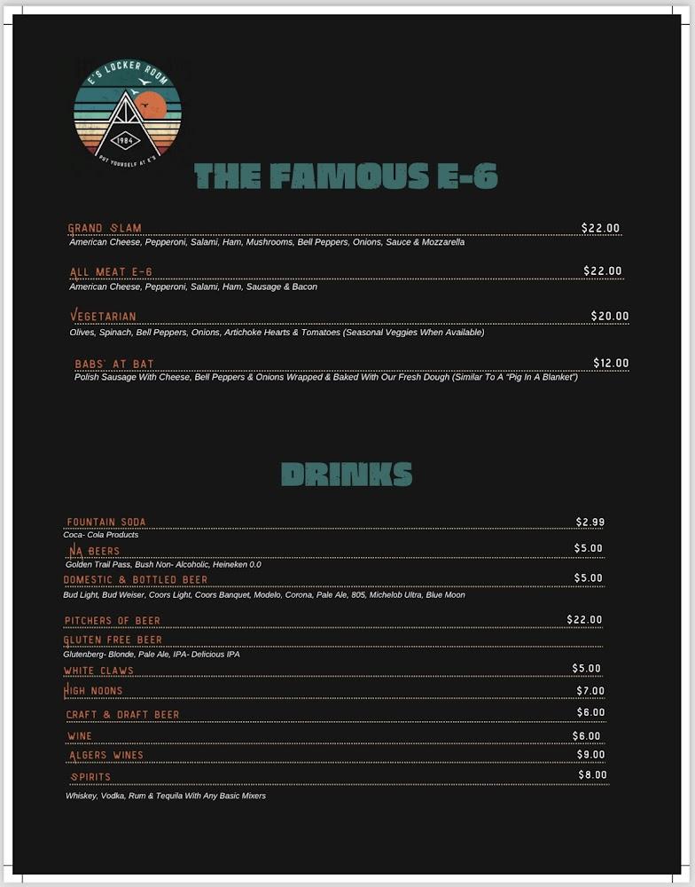 E's Locker Room Menu image 3